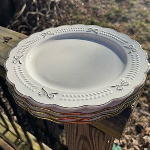 4 Dinner Plate’s Yedi GOLD BOW & trim Ceramic 10” Glam White New